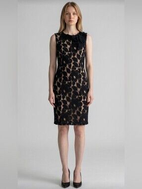 LIV! SILHOUETTE BLACK LEAVES OVER NUDE CHIFFON FLUTTERY NECK DETAIL DRESS! SZ 12